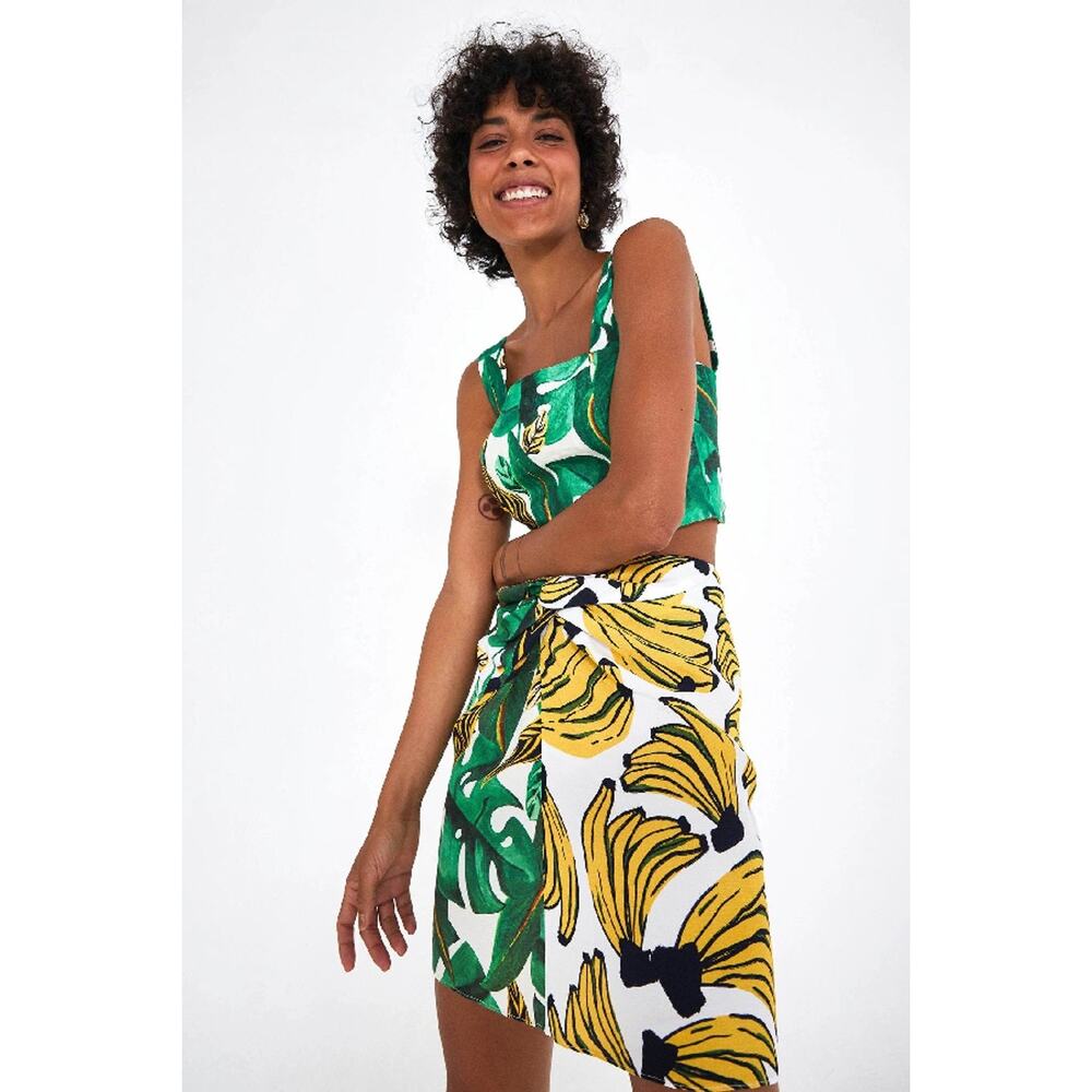 Farm Rio Anthropologie Crepe Amazonia Banana Tropical Yellow Green Skirt Size XS